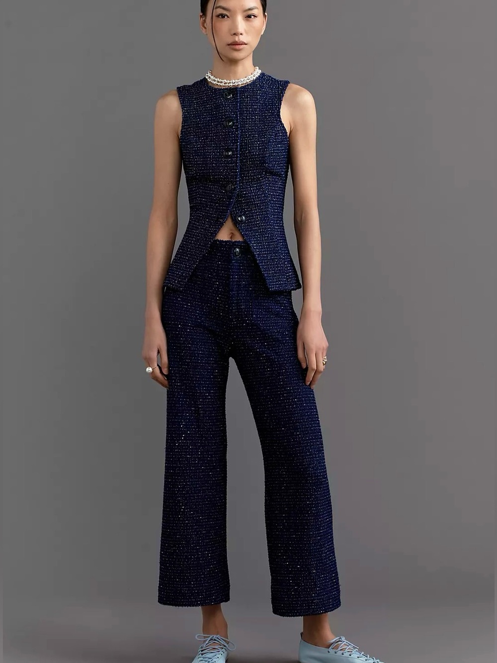 NEW Maeve Blue Tweed Button Front Vest (L) & Matching Colette Cropped Pants (29)